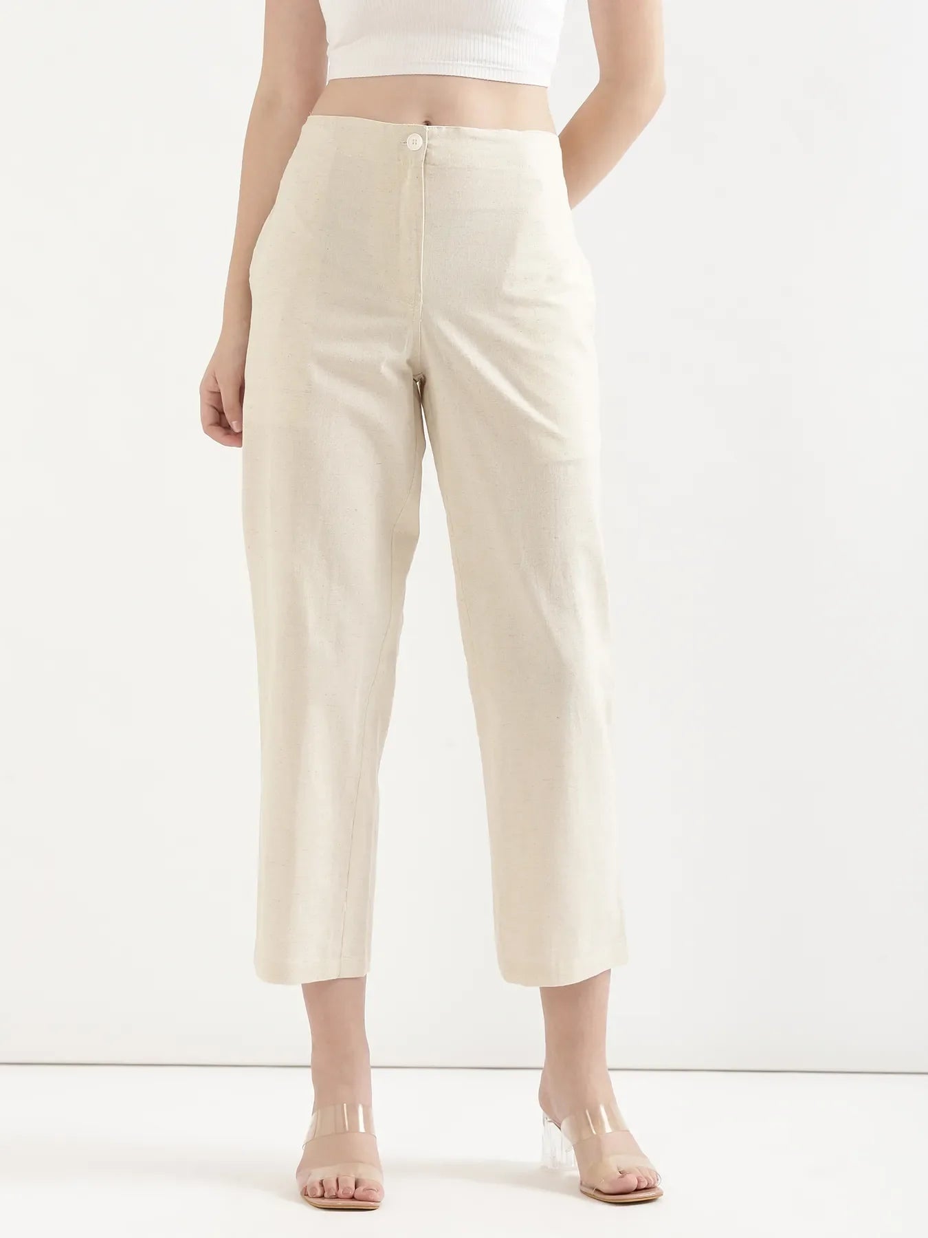 Women Forest Green Better Cotton Peplum Top & Ecru Airy Linen Straight Pant