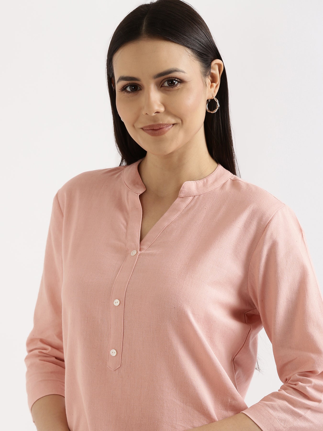 Women Salmon Pink Airy Linen Long Kurta & Wine Cotton Pant Set