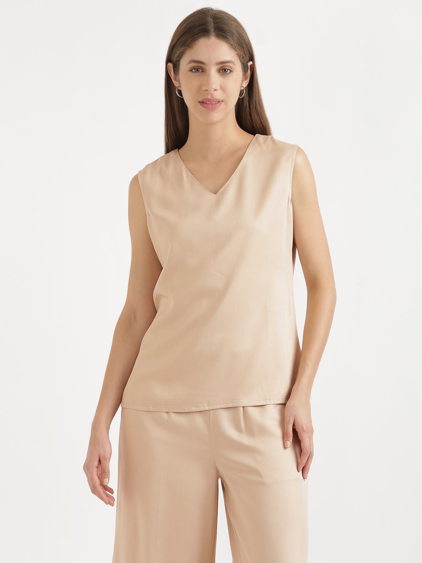 Wine Cotton Pant with Women Beige V-Neck Sleeveless Top