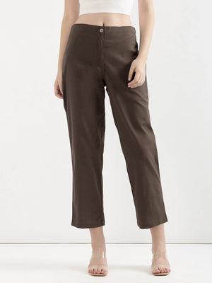 Women Dark Brown Airy Linen Straight Pants