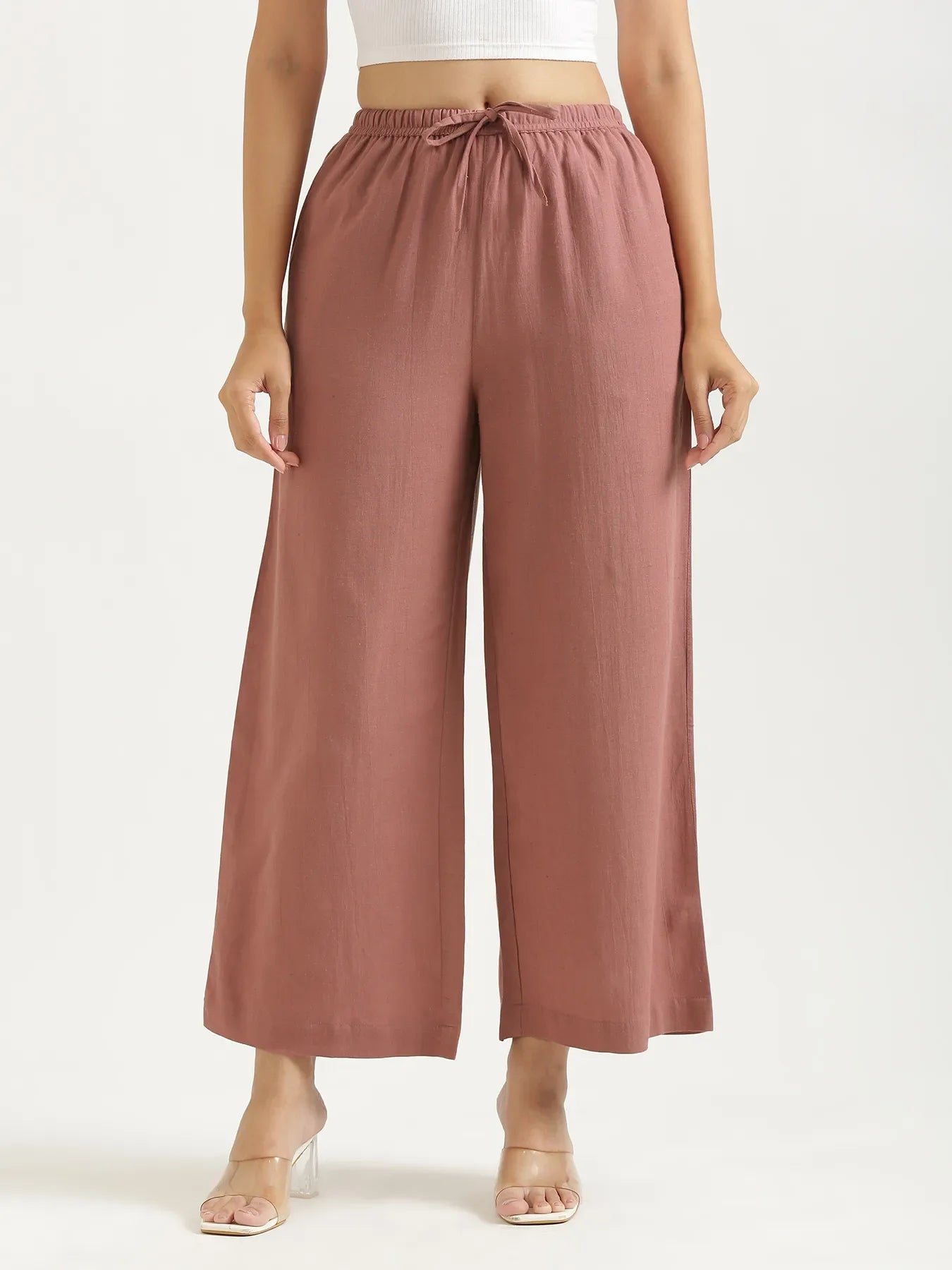 Women Rose Taupe Flowy Linen Wide Leg Pants