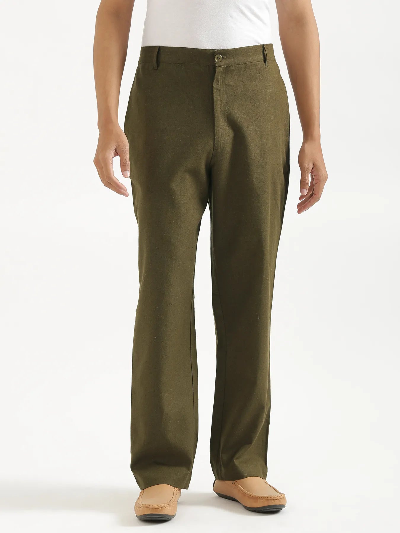 Men Olive Green Linen Blend Straight Pant