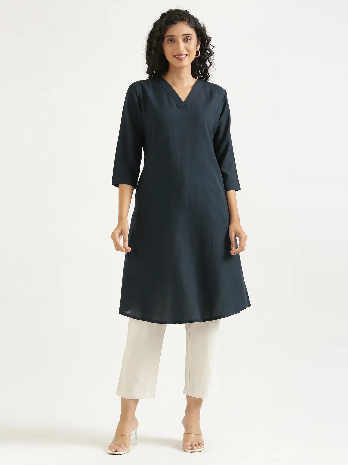 Women Navy Blue Flowy Linen A-Line Long Kurta