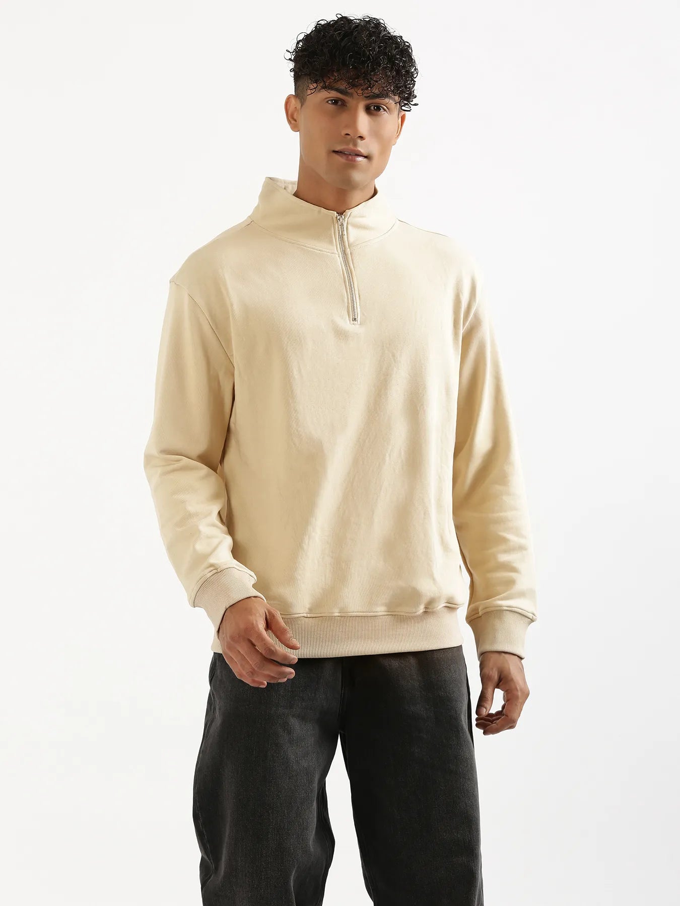 Unisex Beige Zip Neck Sweatshirt