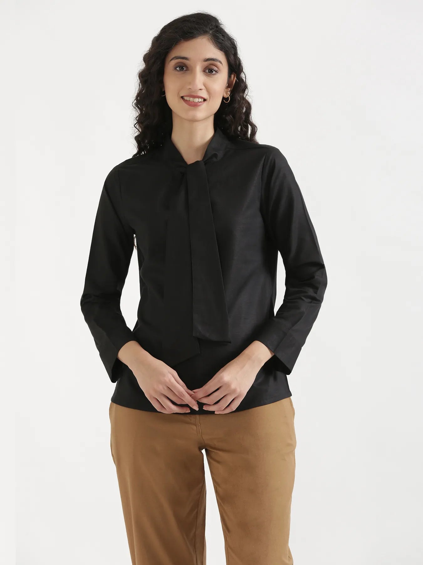 Women Black Linen Blend Knot Blouse