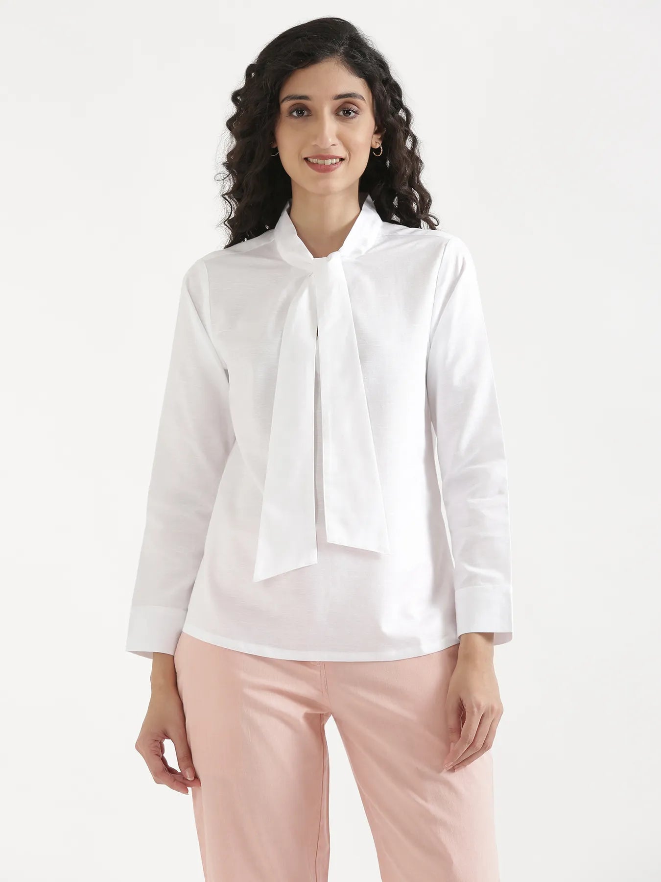 Women White Linen Blend Knot Blouse