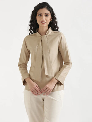 Women Taupe Linen Blend Knot Blouse