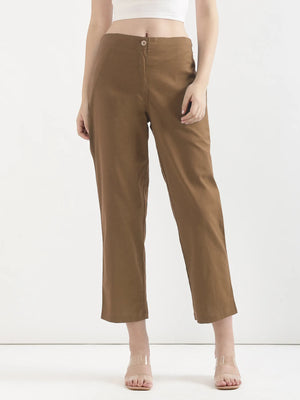 Women Coffee Brown Airy Linen Straight Pants