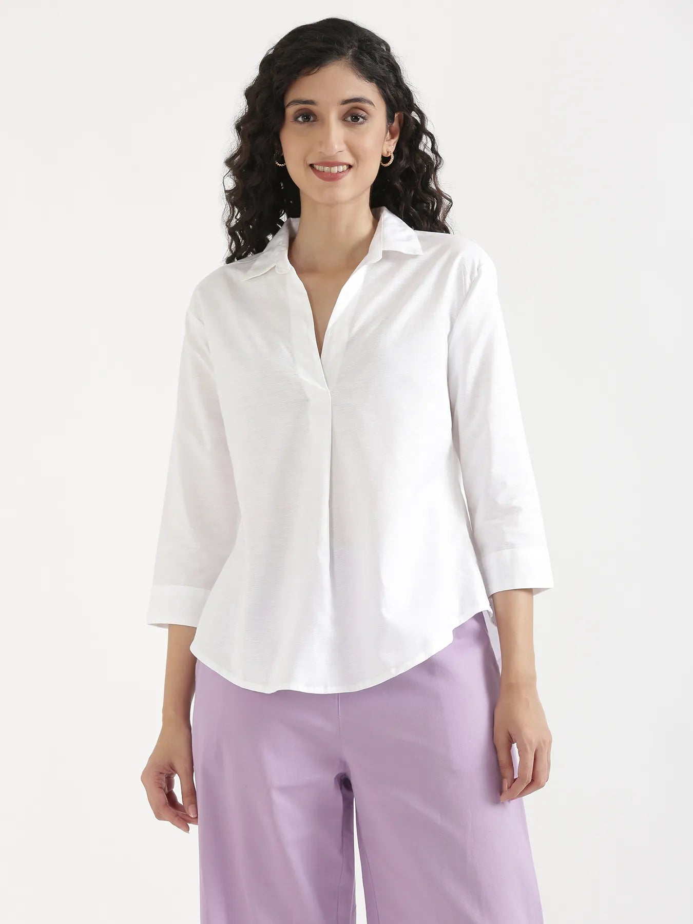 Women White Linen Blend Pleated Top