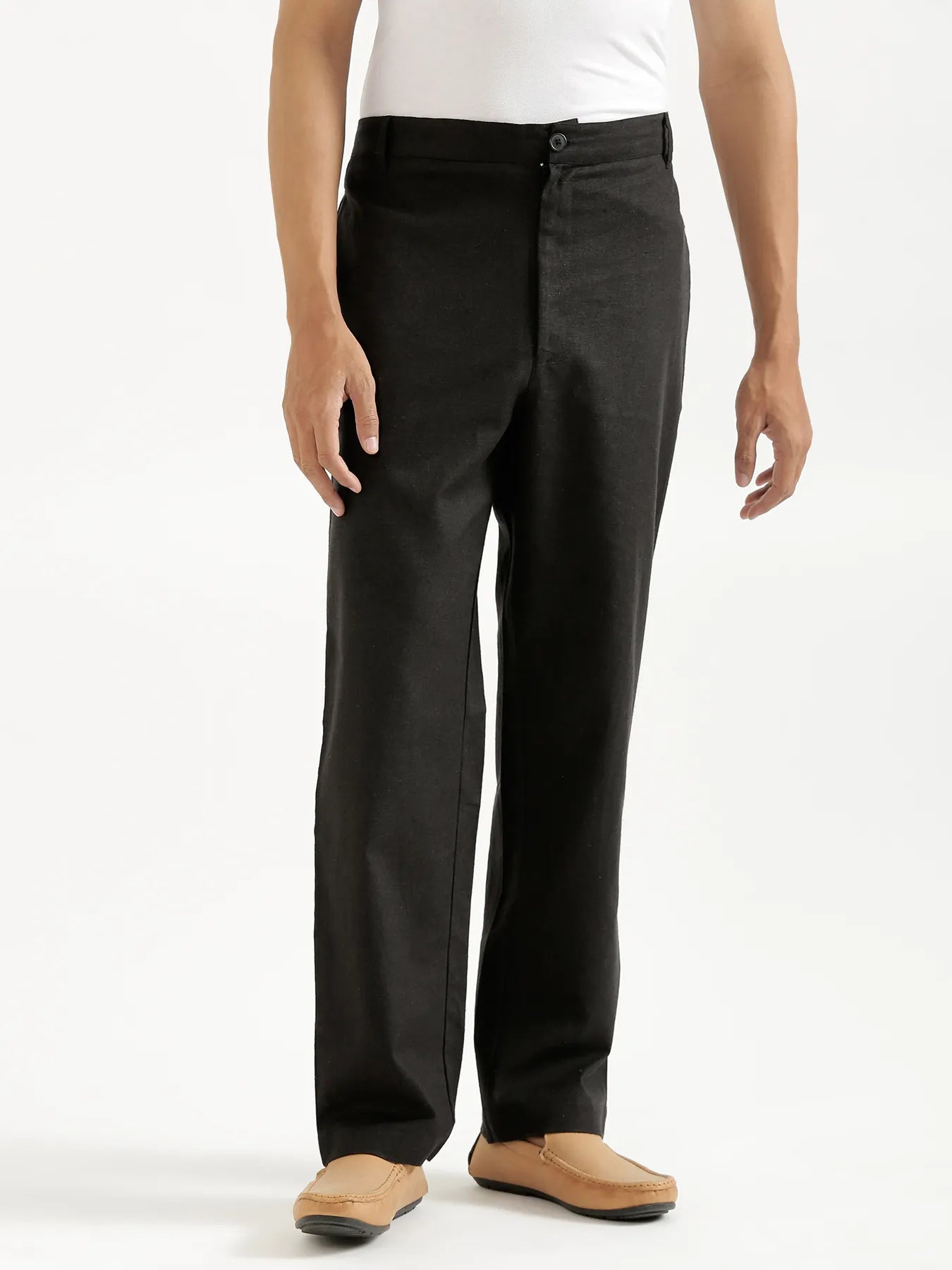 Men Black Linen Blend Pant & Taupe Pure Linen Short Sleeve Shirt