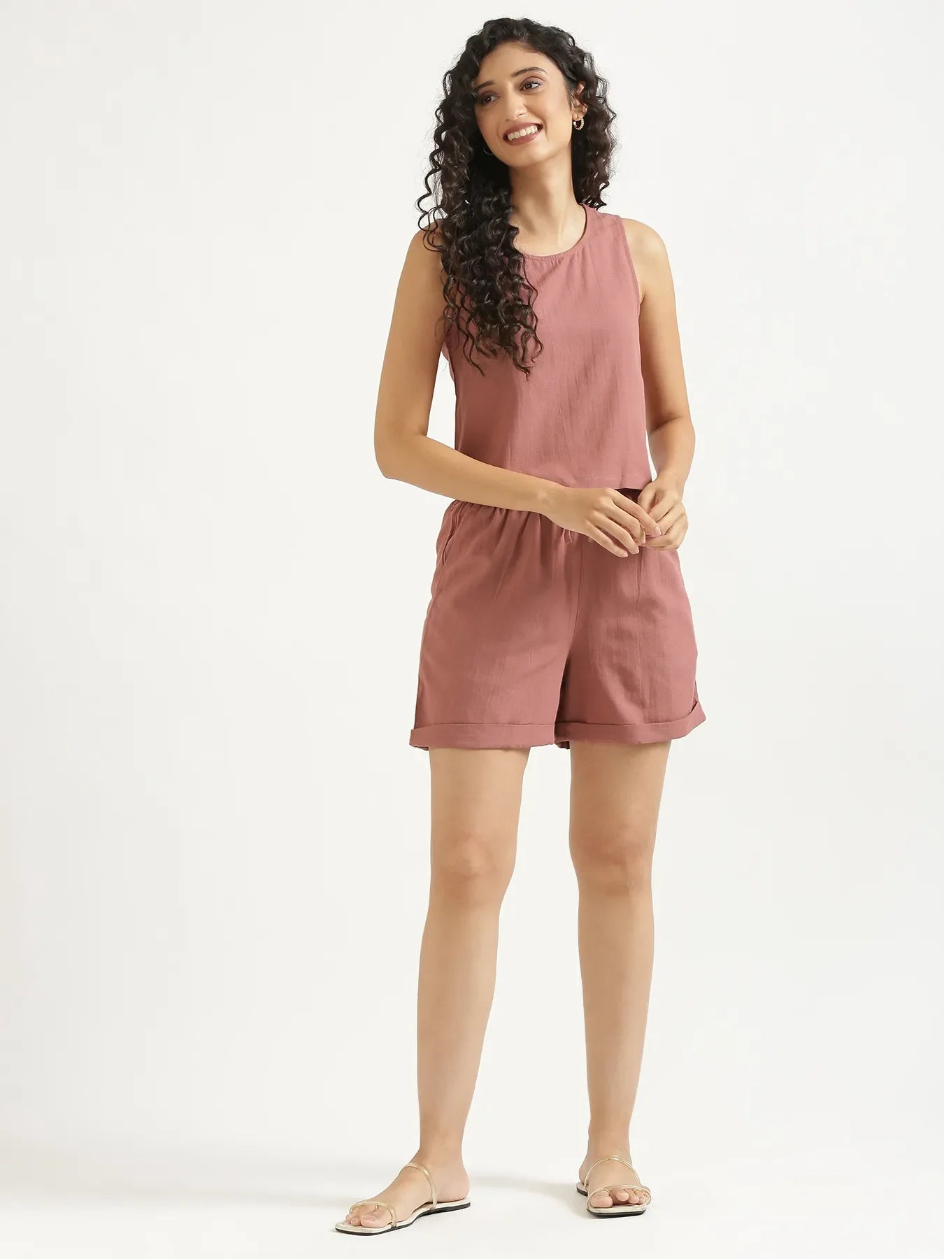 Women Rose Taupe Flowy Linen Short Set