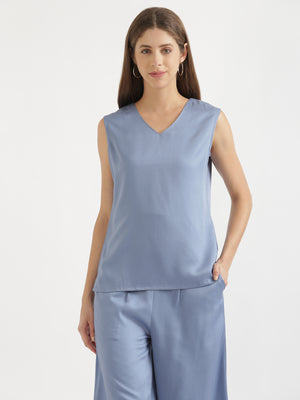 Women English Blue V-Neck Sleeveless Top