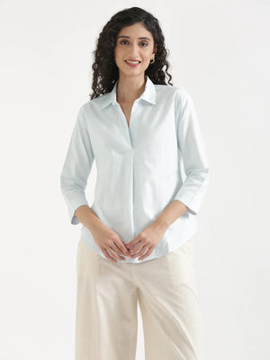 Women Powder Blue Linen Blend Pleated Top