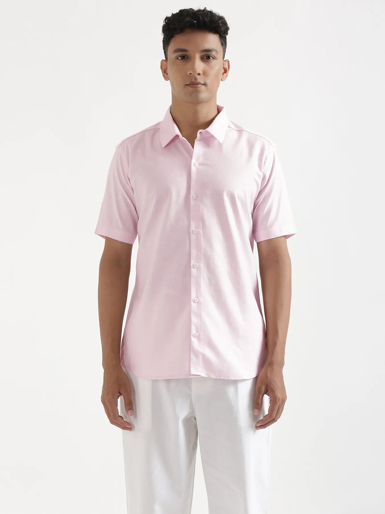 Men Blush Pink Linen Blend Short Sleeve Shirt