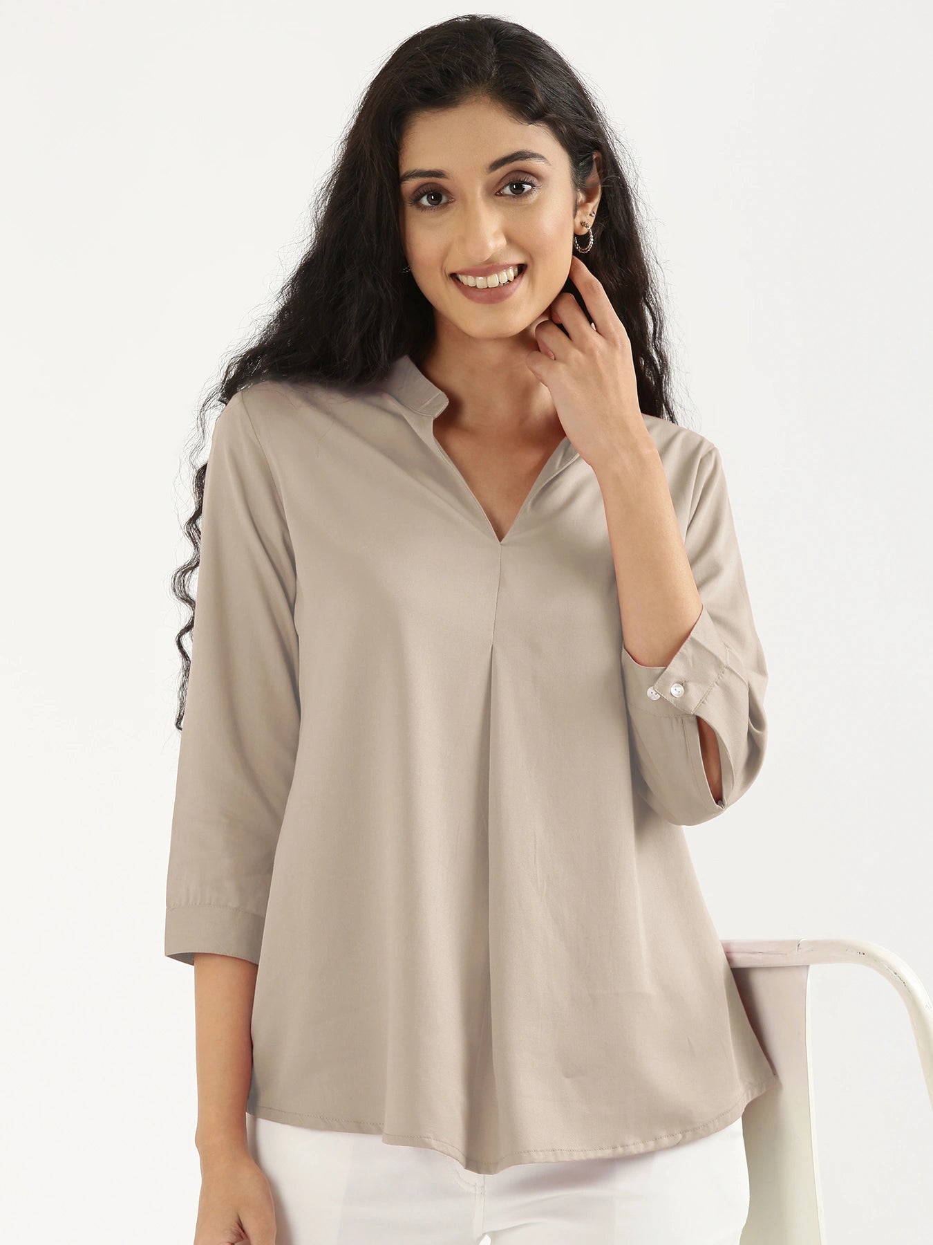Women Taupe Viscose Pleated Top