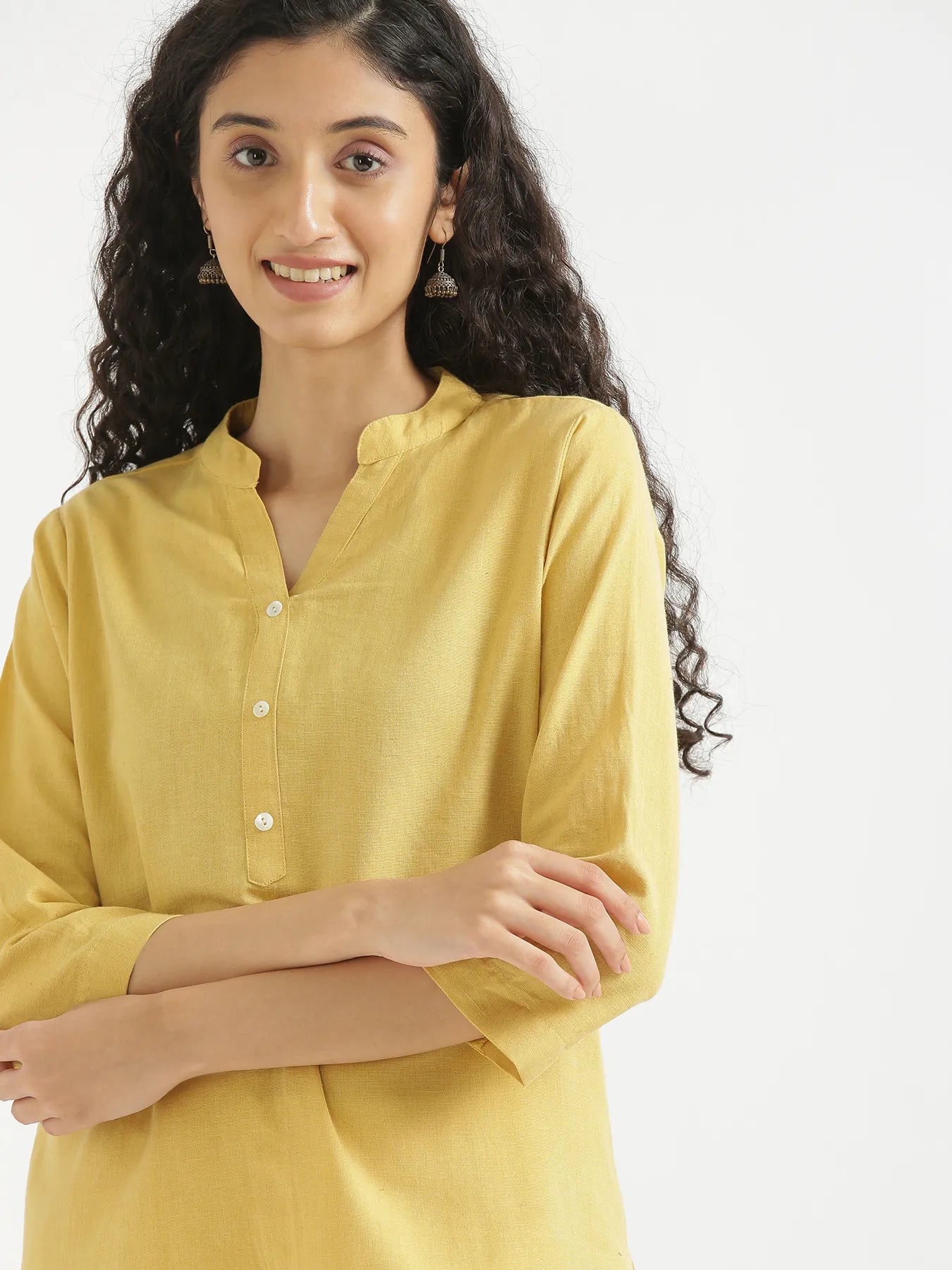 Women Yellow Airy Linen Short Kurta & Beige Cotton Pant Set