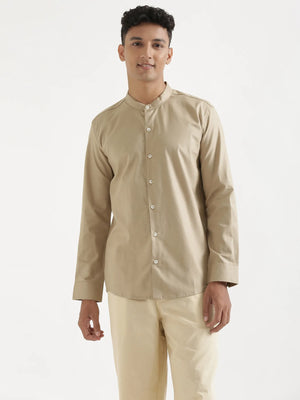 Men Taupe Linen Blend Mandarin Collar Shirt