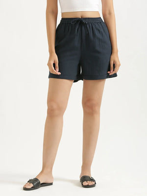 Women Navy Blue Flowy Linen Shorts