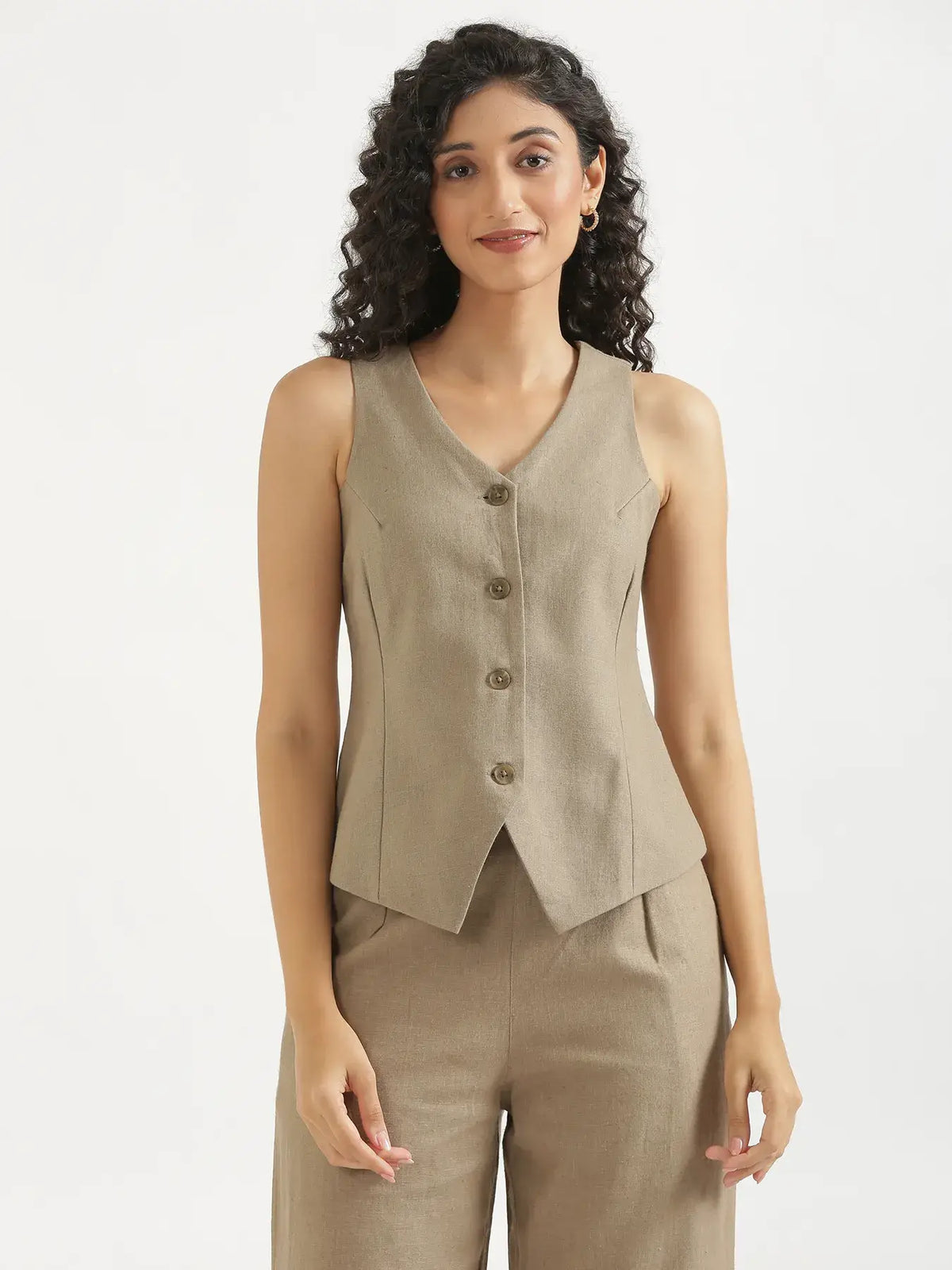 Women Khakhi Linen Blend Waist Coat