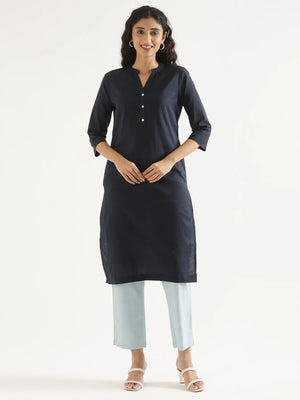 Women Navy Blue Airy Linen Long Kurta