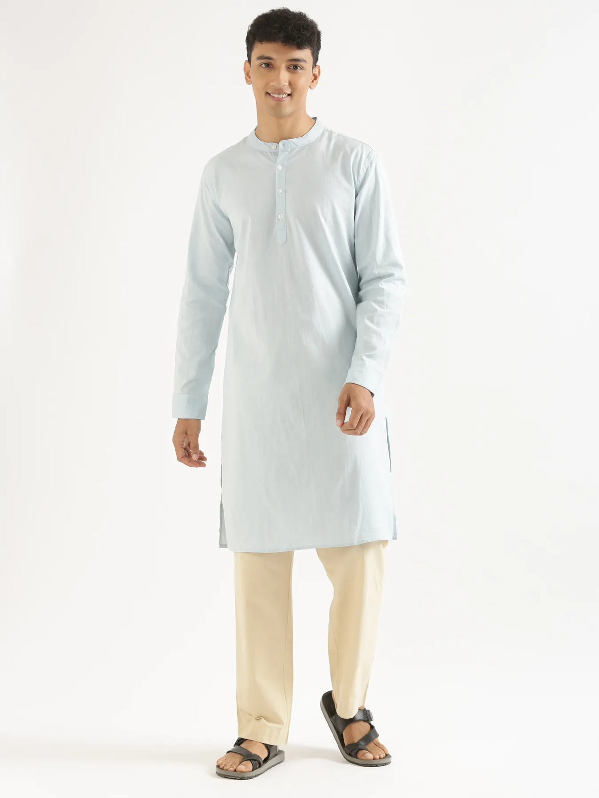 Pick Any 2 Men Airy Linen Long Kurta - Sky Blue