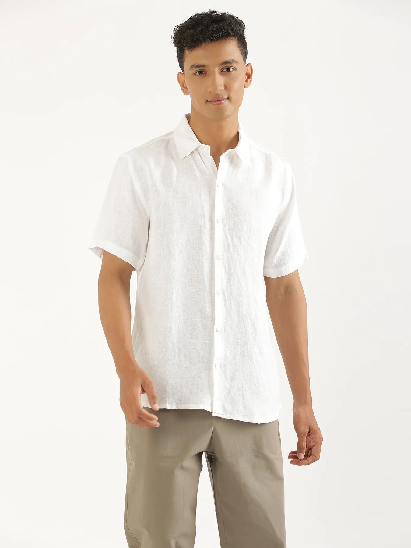 Men White Pure Linen Short Sleeve Shirt