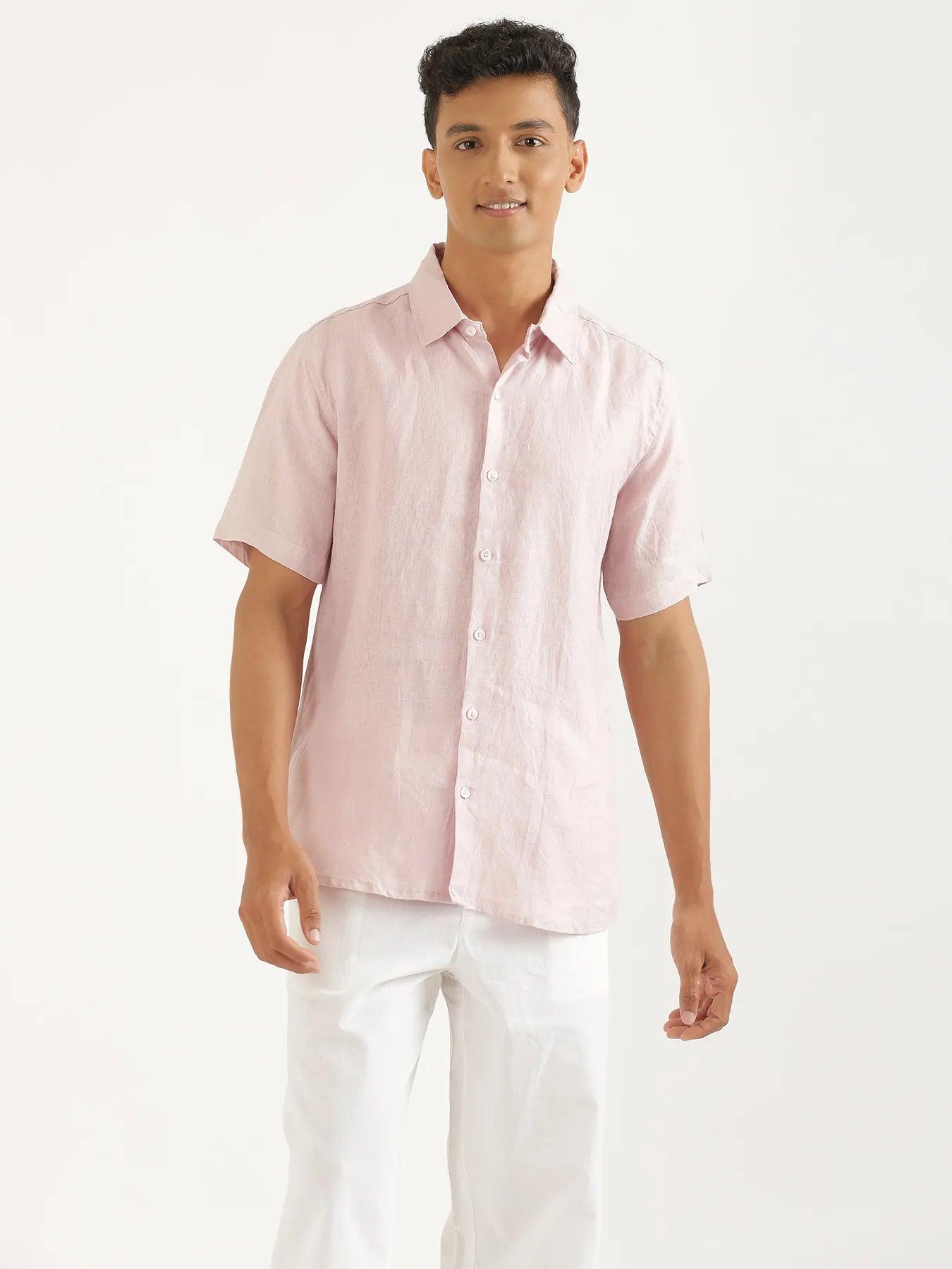 Men Light Pink Pure Linen Short Sleeve Shirt