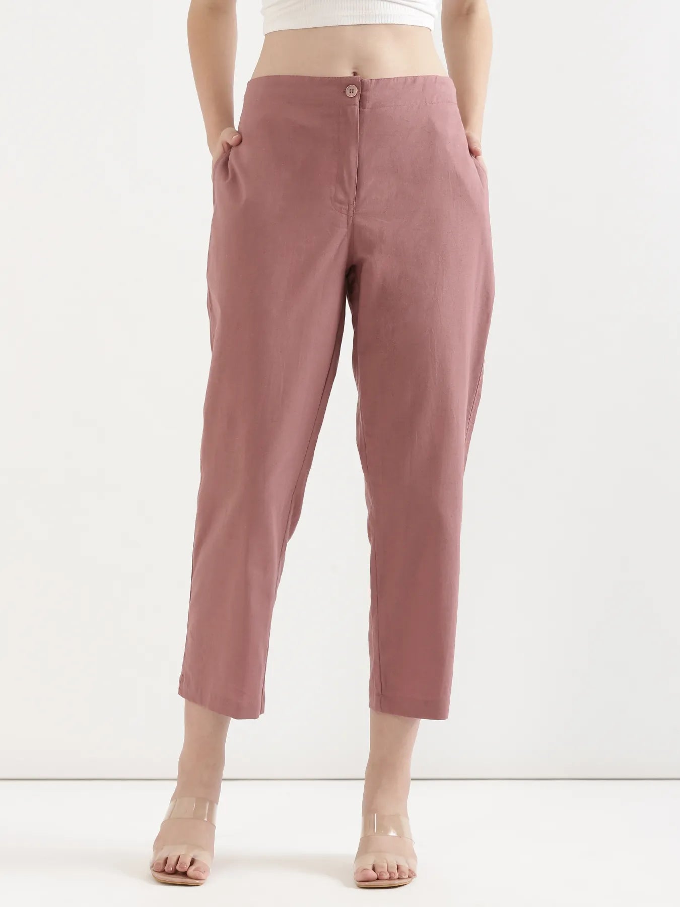 Women Rose Taupe Airy Linen Straight Pants