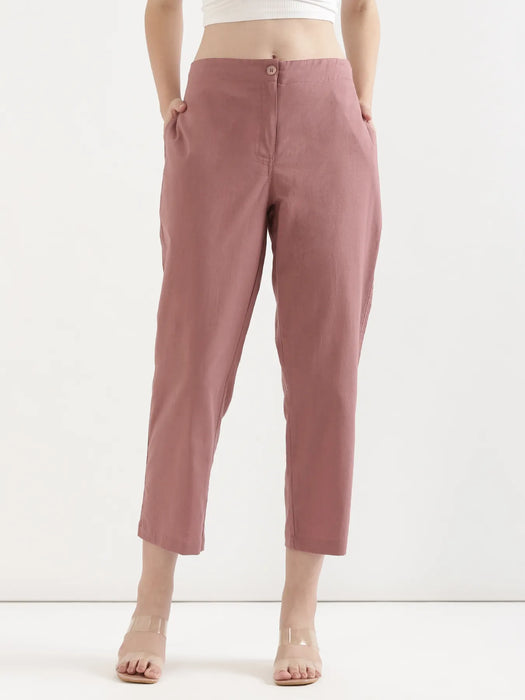 Women Rose Taupe Airy Linen Straight Pants