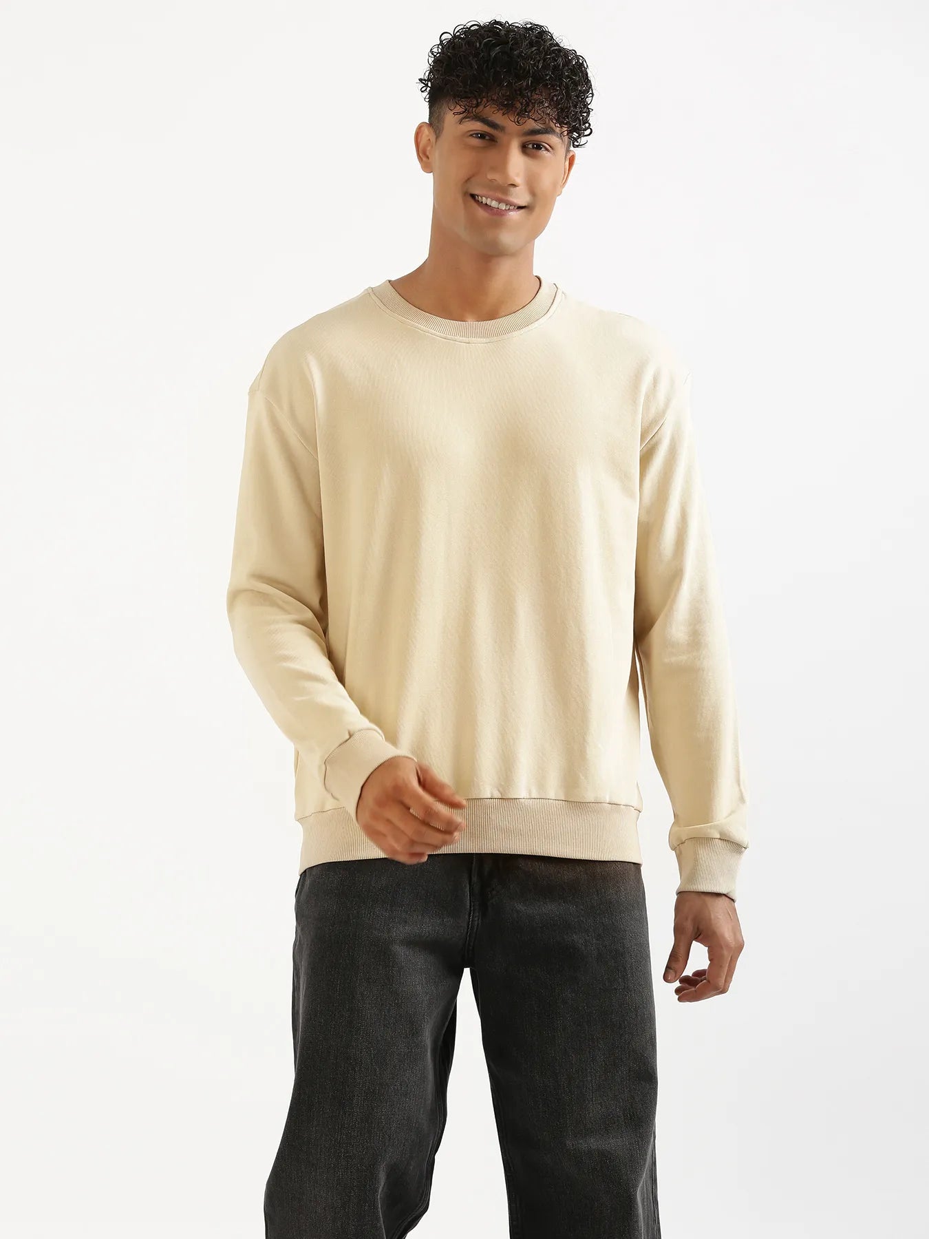 Unisex Beige Round Neck Sweatshirt