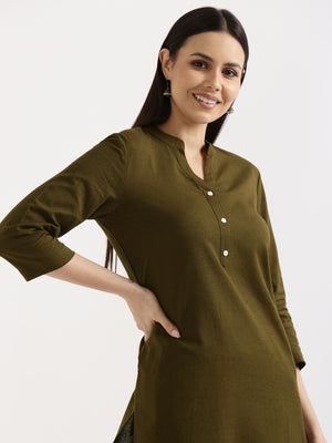 Women Olive Green Airy Linen Long Kurta
