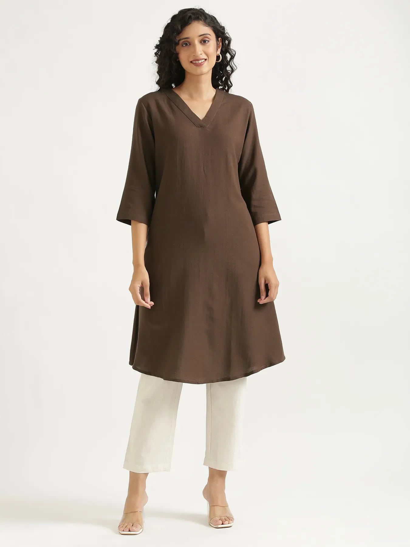 Women Dark Brown Flowy Linen A-Line Long Kurta