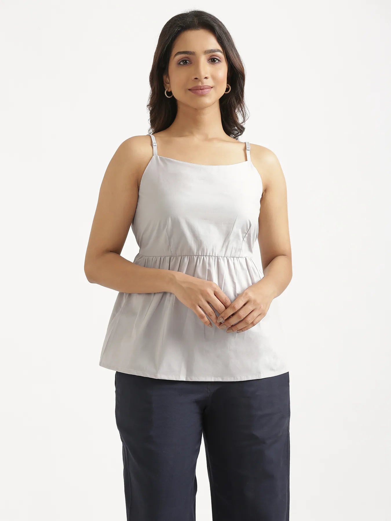 Women Light Grey Better Cotton Peplum Top & Navy Blue Airy Linen Straight Pant