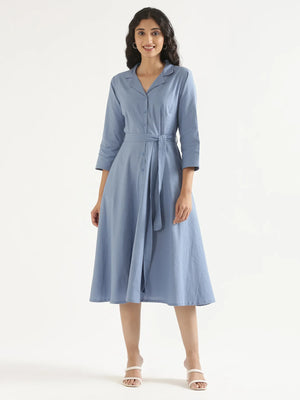 Women English Blue Airy Linen Flared Dress