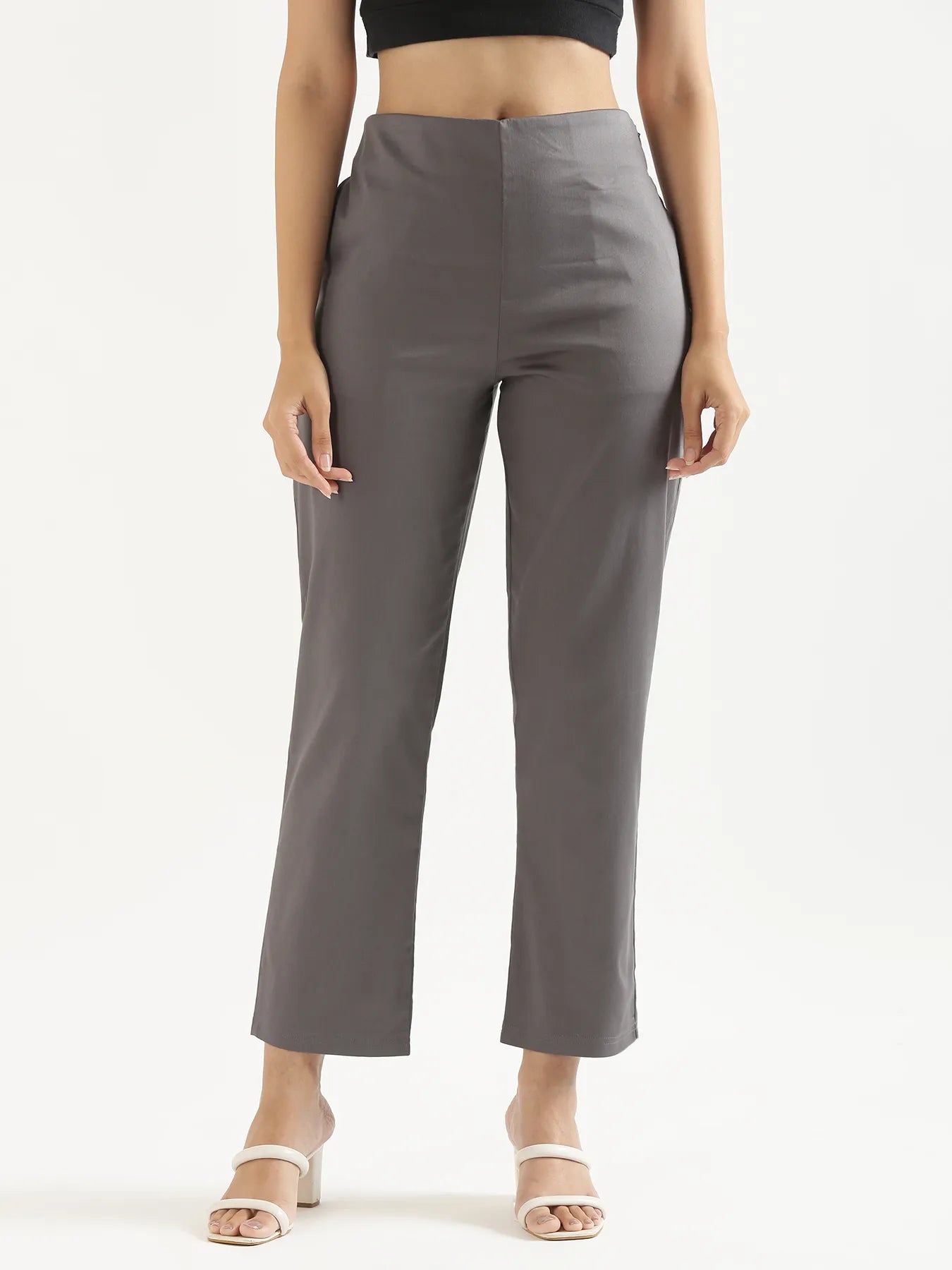 Women Plus Size German Grey Straight Fit Formal Pants