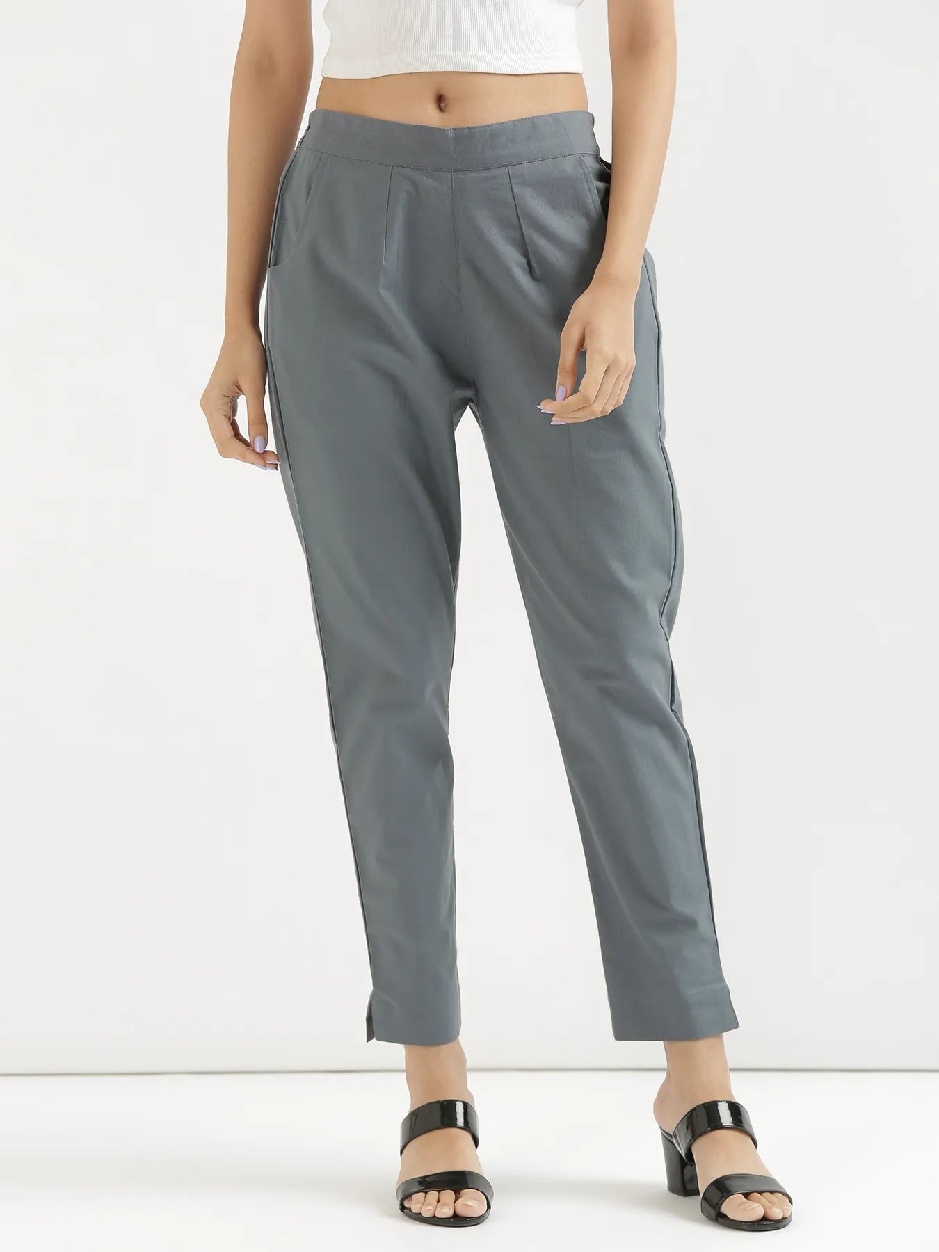Cement Grey Cotton Trouser For Women | Solid Regular Fit