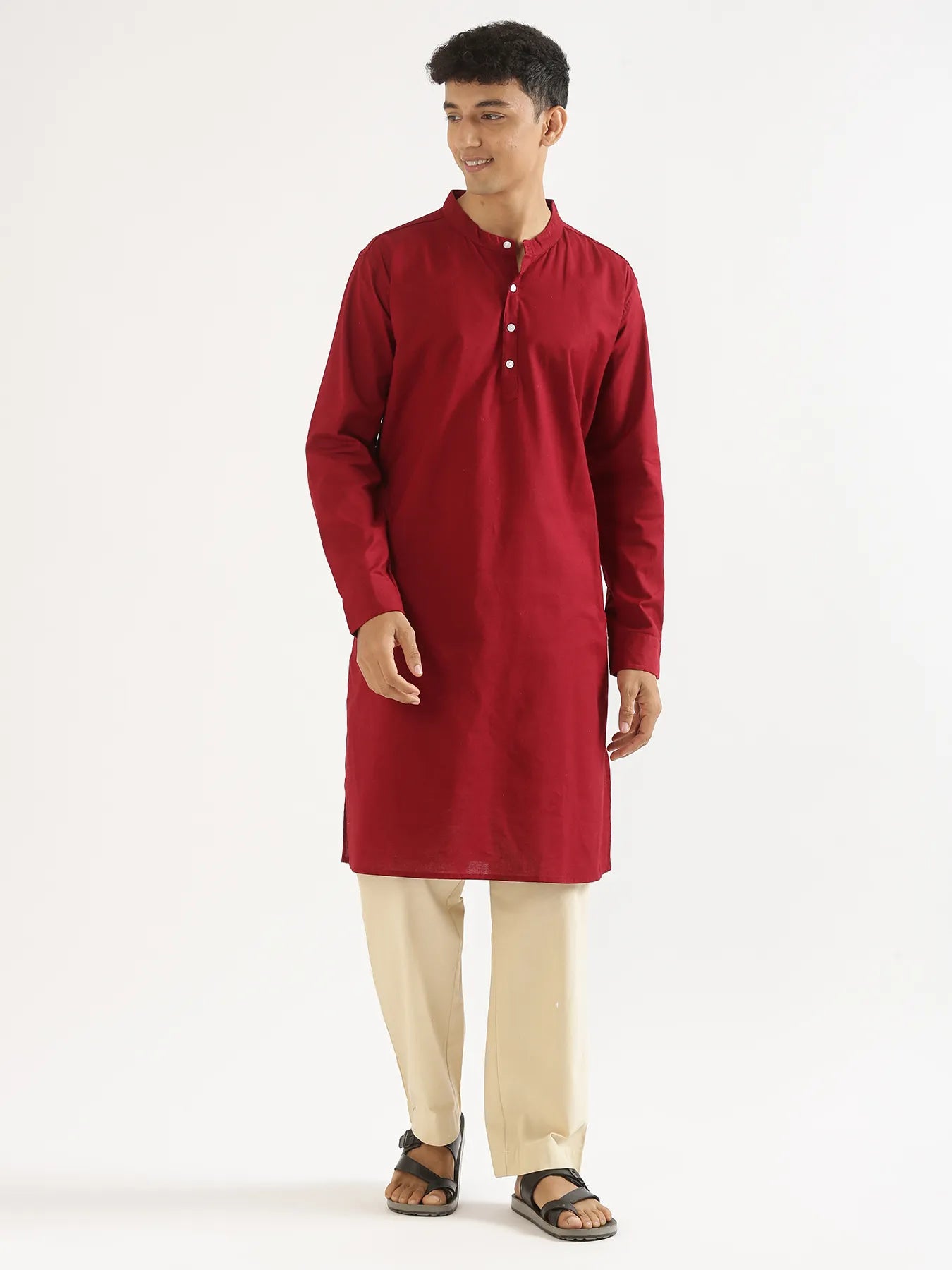 Men Maroon Airy Linen Long Kurta