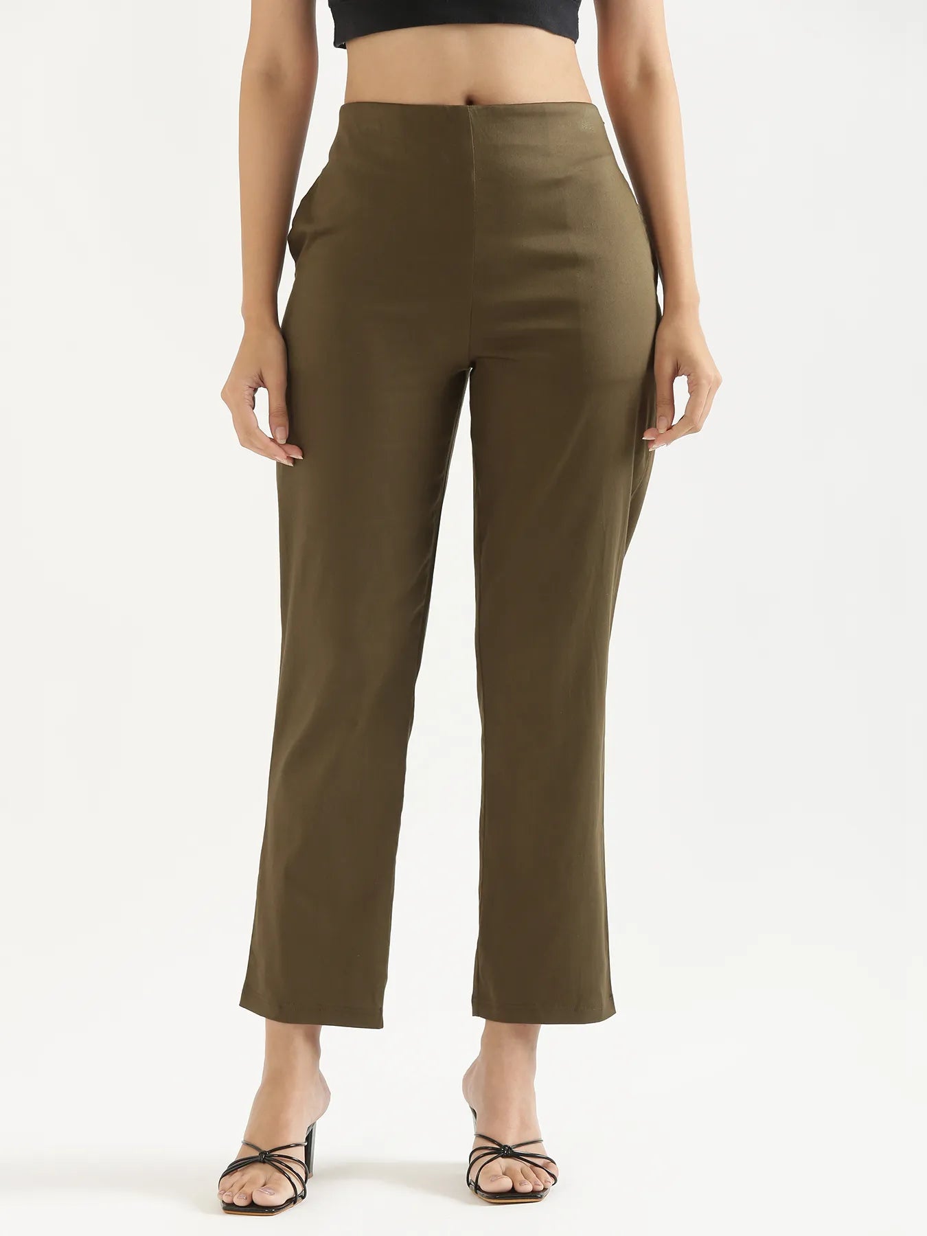 Women Plus Size Olive Green Straight Fit Formal Pants