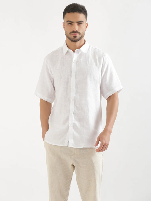 Men White 100% Linen Half Sleeve Shirt