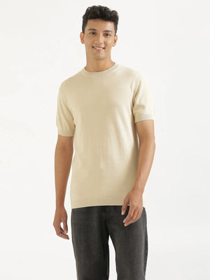 Men Beige Flat Knit Round Neck T-shirt