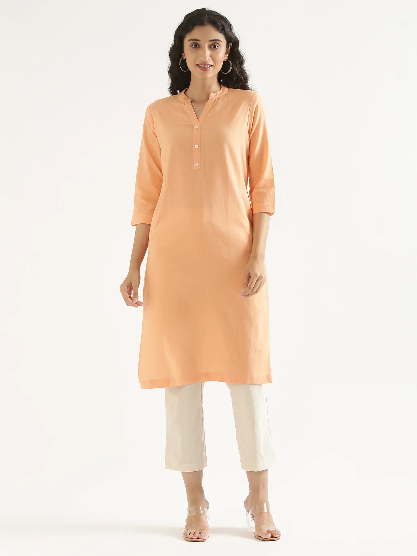 Women Peach Airy Linen Long Kurta