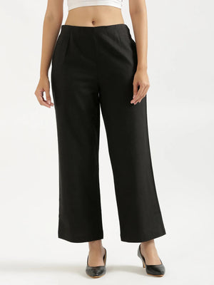 Women Black Linen Blend Wide Leg Pant
