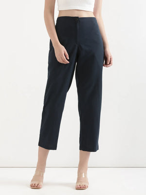 Women Navy Blue Airy Linen Straight Pant
