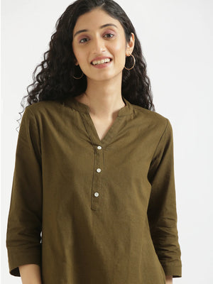 Women Olive Green Airy Linen Short Kurta