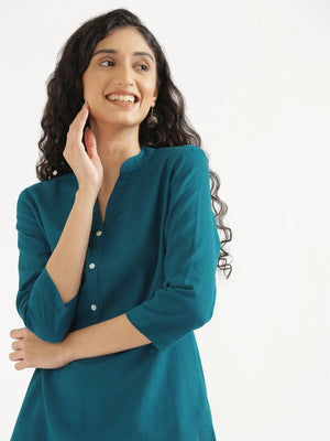 Women Turquoise Airy Linen Short Kurta