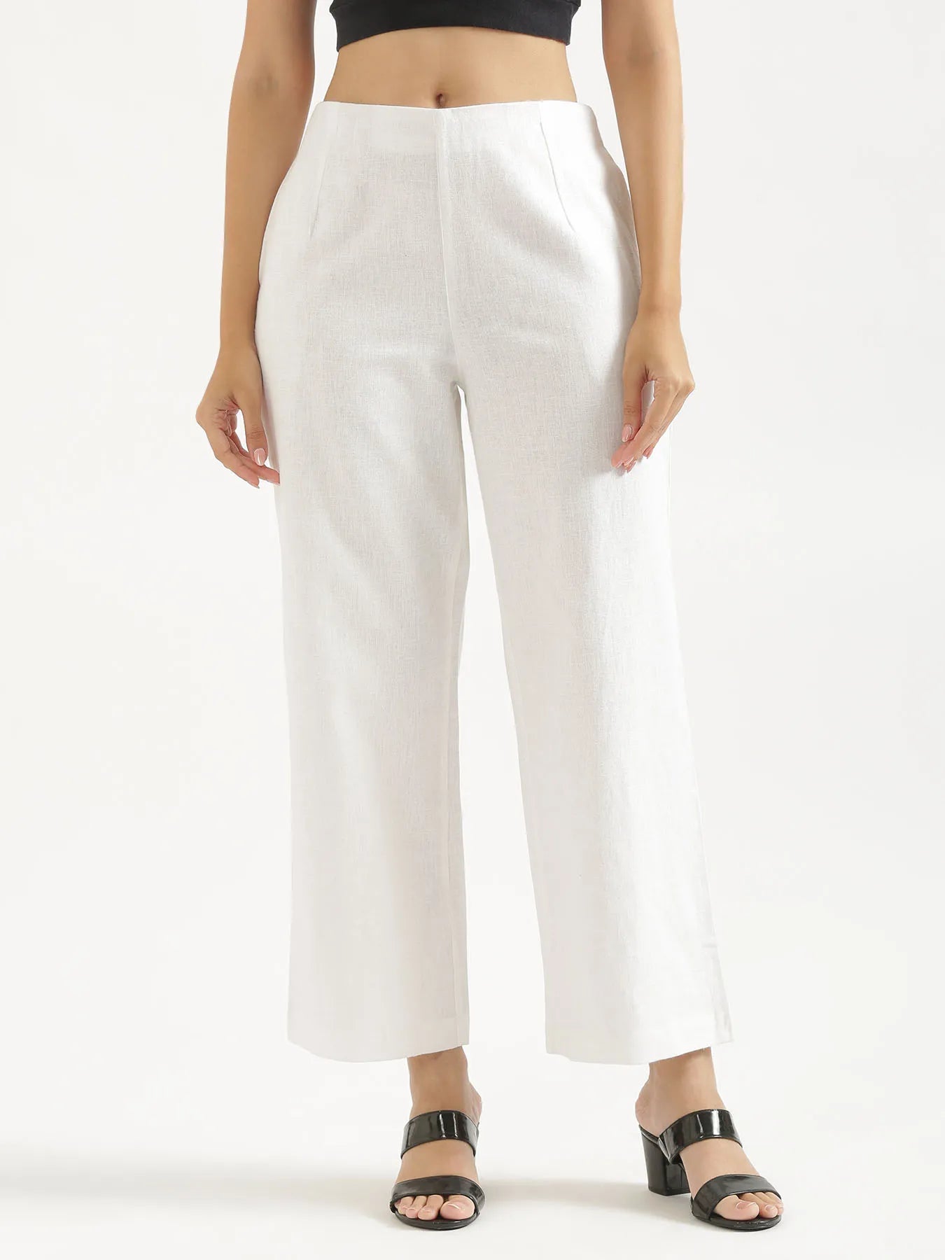 Women White Linen Blend Wide Leg Pant