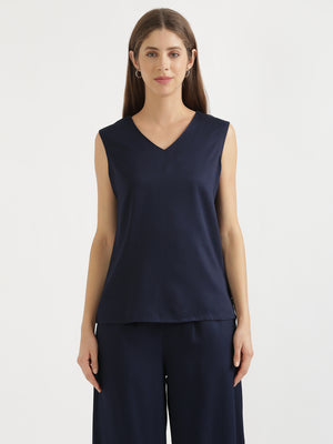 Women Navy Blue V-Neck Sleeveless Top