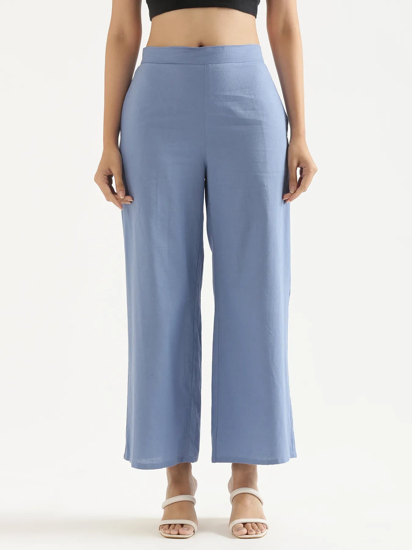 Women English Blue Airy Linen Wide Leg Pant