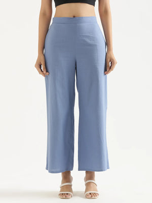 Women English Blue Airy Linen Wide Leg Pant