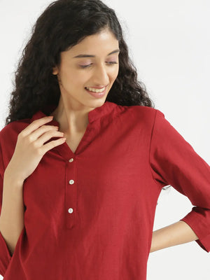 Women Maroon Airy Linen Short Kurta